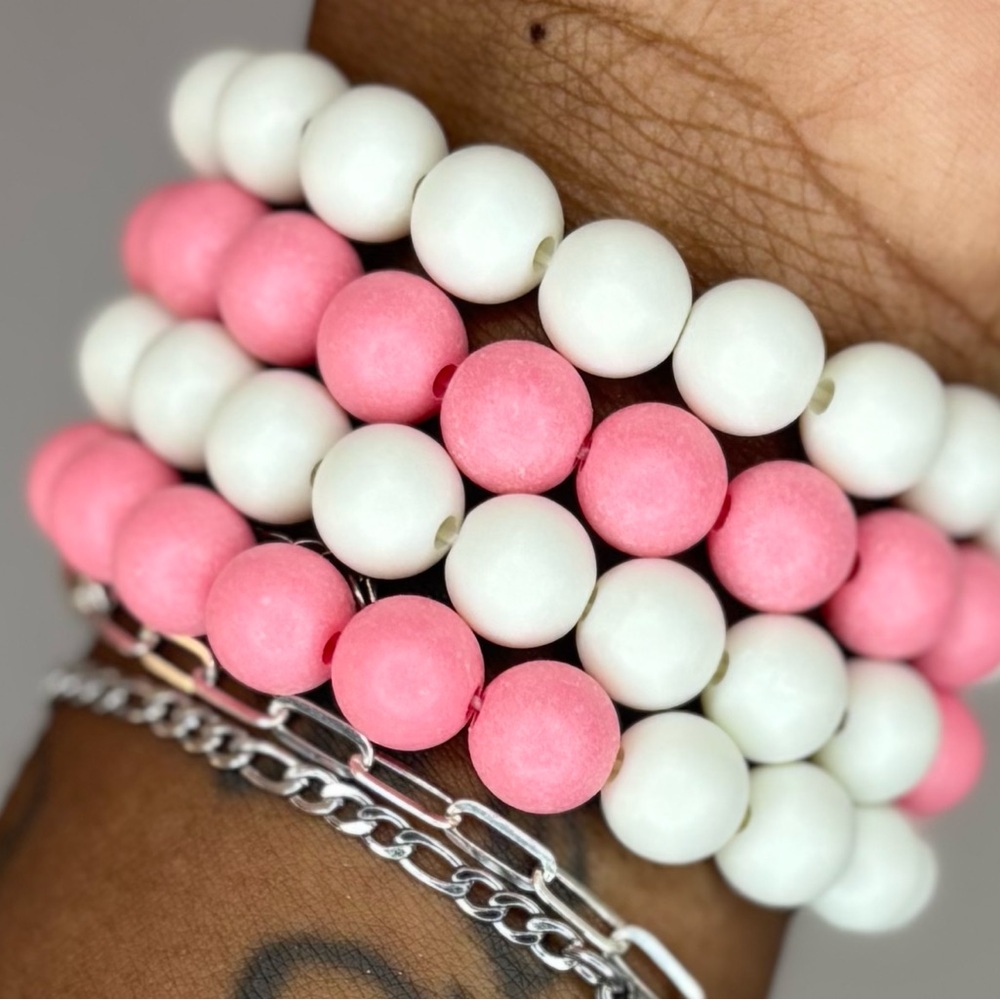 Pink and White Beaded Bracelet Set